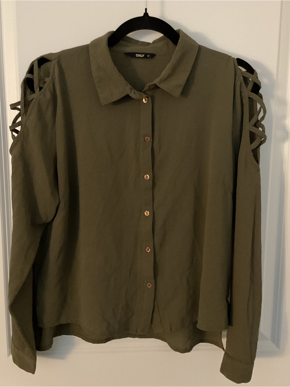 ONLY Olive Green Button-Down Cold-Shoulder Blouse